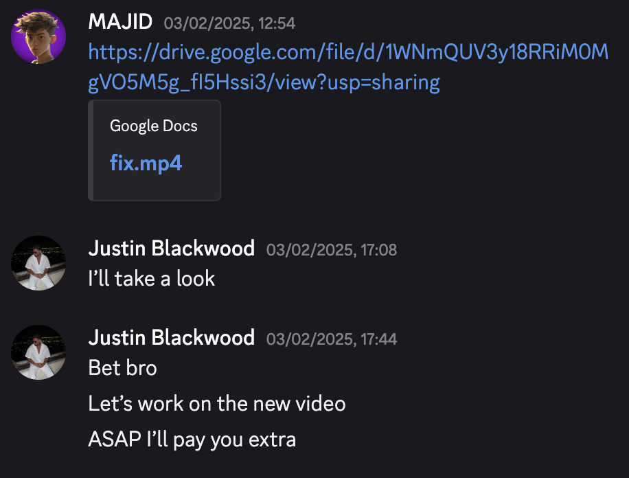 Original feedback screenshot from Justin Blackwood