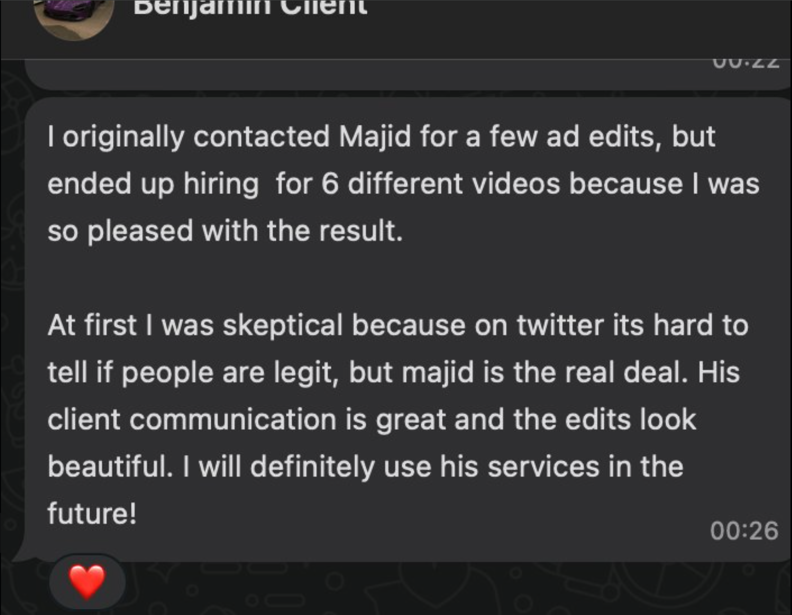 Original feedback screenshot from Benjamin